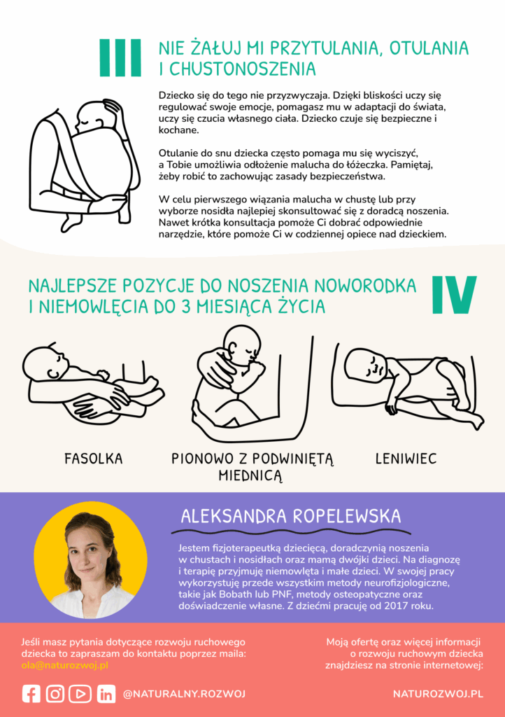 Wskazówki jak wspierać rozwój ruchowy niemowlęcia. Przytulanie, otulanie, chustonoszenie oraz najlepsze pozycje do noszenia niemowlęcia do trzeciego miesiąca życia - fasolka, pionowo z podwiniętą miednicą, na leniwca. Przytulanie, otulanie, chustonoszenie - dziecko się do tego nie przyzwyczaja. Dzięki bliskości uczy się regulować emocje i uczy się własnego ciała, Ty jako rodzic pomagasz mu adaptować się do świata. Dziecko czuje się bezpieczne i kochane. Otulanie do snu pomaga w wyciszeniu, a Tobie umożliwia odłożenie malucha do łóżeczka. Pamiętaj, żeby robić to zachowując zasady bezpieczeństwa. W celu pierwszego wiązania malucha w chustę lub przy wyborze nosidła najlepiej skonsultować się z doradcą noszenia. Nawet krótka konsultacja pomoże Ci dobrać dopowiednie narzędzia, które pomoże Ci w codziennej opiece nad dzieckiem. Pozycja fasolki to sposób noszenia niemowlęcia, w którym dziecko leży na boku, opierając się tułowiem o przedramię osoby noszącej. Głowa dziecka spoczywa w zgięciu łokciowym ręki, a druga ręka podtrzymuje pupę, zapewniając stabilność. Szczegółowy opis: 1. Ułożenie: Dziecko leży na boku, jego tułów przylega do przedramienia osoby noszącej. 2. Główka: Głowa dziecka spoczywa w zgięciu łokciowym ręki, która podtrzymuje tułów. 3. Podparcie: Druga ręka podtrzymuje pupę i bioderka dziecka, zapewniając stabilność. 4. Symetria: Pozycja fasolki jest symetryczna, co oznacza, że dziecko może być noszone raz na jednym, raz na drugim boku. 5. Kontrola: Dziecko w tej pozycji ma możliwość obserwowania otoczenia. Pozycja pionowa z podwiniętą miednicą podczas noszenia dziecka wymaga, aby nóżki dziecka były zgięte w kolanach i biodrach, a kolana znajdowały się powyżej linii bioder. Miednica powinna być delikatnie podwinięta, a kręgosłup dziecka powinien mieć kształt zbliżony do litery C, podparty na całej długości. Dziecko powinno być wtulone w rodzica, a jego główka powinna być stabilnie podparta. Szczegółowy opis: 1. Ułożenie nóżek: Nóżki dziecka powinny być zgięte w biodrach i kolanach, a kolana powinny znajdować się na wysokości bioder lub nieco wyżej. To ułożenie zapewnia, że główka kości udowej znajduje się w panewce stawu biodrowego, co jest ważne dla prawidłowego rozwoju stawów biodrowych. 2. Podwinięcie miednicy: Miednica dziecka powinna być delikatnie podwinięta, co oznacza, że kość ogonowa dziecka jest skierowana w stronę brzucha rodzica. 3. Podparcie kręgosłupa: Kręgosłup dziecka powinien być podparty na całej długości, najlepiej plecami przylegającymi do ciała rodzica. Kształt kręgosłupa powinien być zbliżony do litery C. 4. Pozycja dziecka: Dziecko powinno być wtulone w rodzica, tak aby jego klatka piersiowa przylegała do klatki piersiowej rodzica. 5. Stabilizacja główki: Główka dziecka powinna być stabilnie podparta, najlepiej przez podtrzymywanie szyi i główki jedną ręką, a drugą ręką podtrzymując pupę i nóżki dziecka. 6. Zmiana stron: Warto pamiętać o zmianie stron, na których nosimy dziecko, aby zapewnić równomierny rozwój mięśni i stawów. Pozycja "na leniwca" w noszeniu niemowlęcia to pozycja, w której dziecko leży na boku, opierając się o zgięcie ramienia rodzica, a jego główka spoczywa na przedramieniu. Jest to jedna z bezpieczniejszych i bardziej intuicyjnych metod noszenia noworodków, zapewniająca im bliskość, ciepło i poczucie bezpieczeństwa. Szczegółowy opis pozycji "na leniwca": Ułożenie dziecka: Niemowlę leży na boku, lekko zgięte w biodrach i kolanach, z jedną rączką pod głową. Podparcie główki: Główka dziecka spoczywa na przedramieniu rodzica, co zapewnia stabilne podparcie i zapobiega opadaniu główki do przodu lub na bok. Pozycja ciała: Kręgosłup dziecka jest w naturalnym, delikatnym wygięciu, zbliżonym do pozycji płodowej. Bliskość: Dziecko czuje bliskość ciała rodzica, bicie jego serca, co działa kojąco i buduje poczucie bezpieczeństwa.